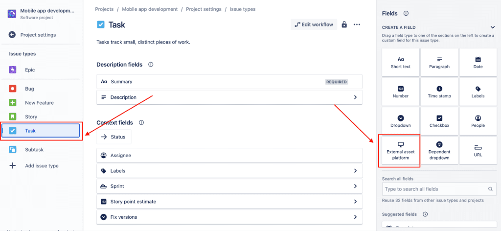 Drag and drop a custom field in a Jira project to link an asset to a Jira issue