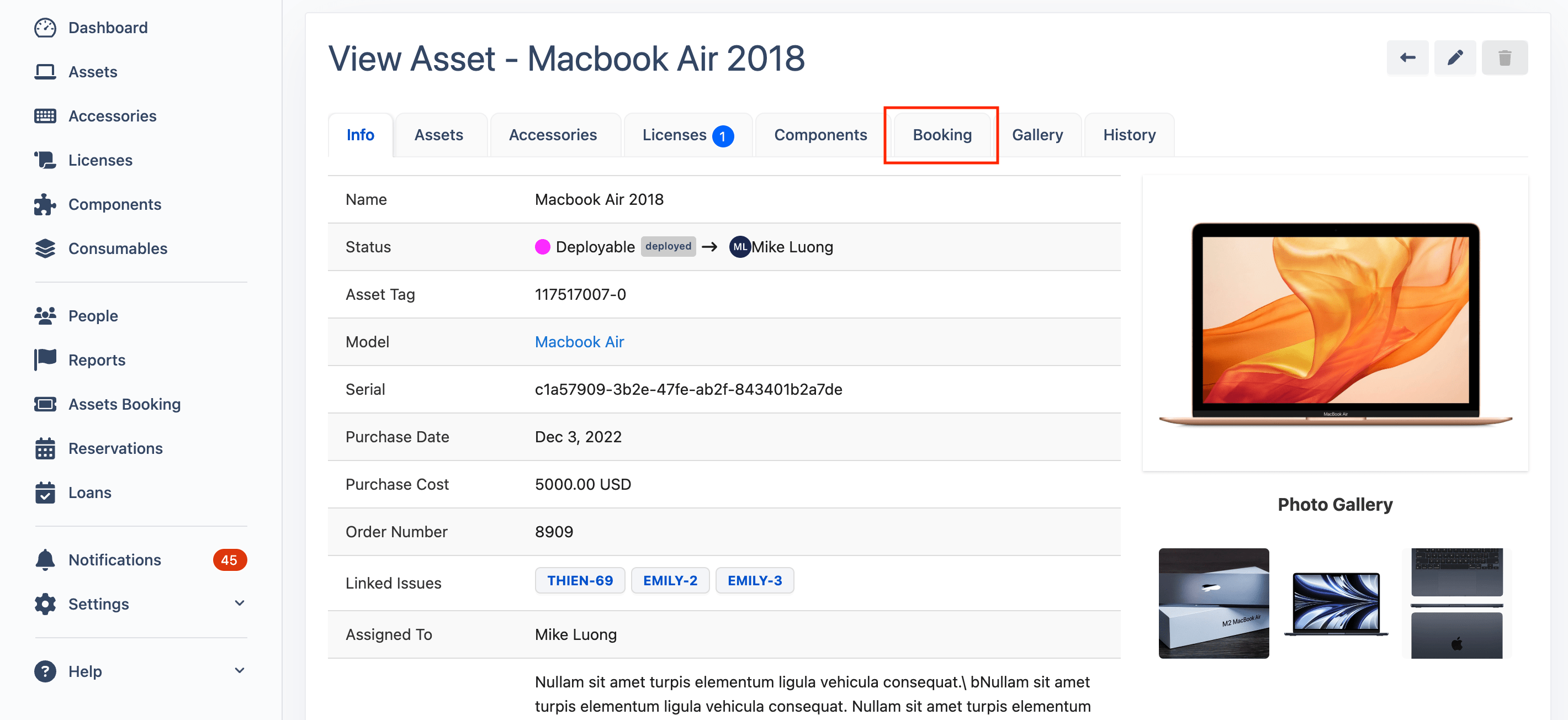 booking tab for a better resource allocation