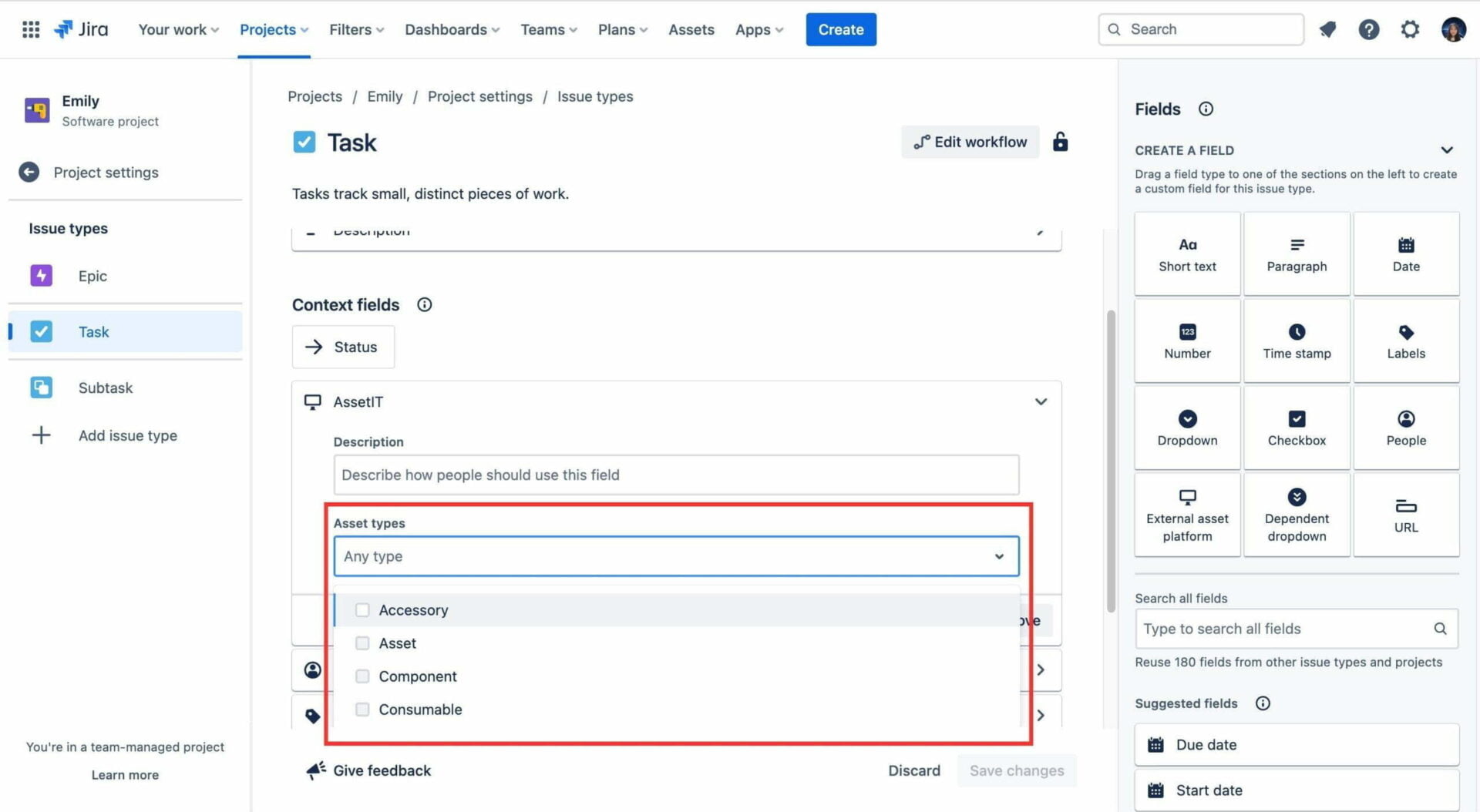 choose asset types in Jira issue
