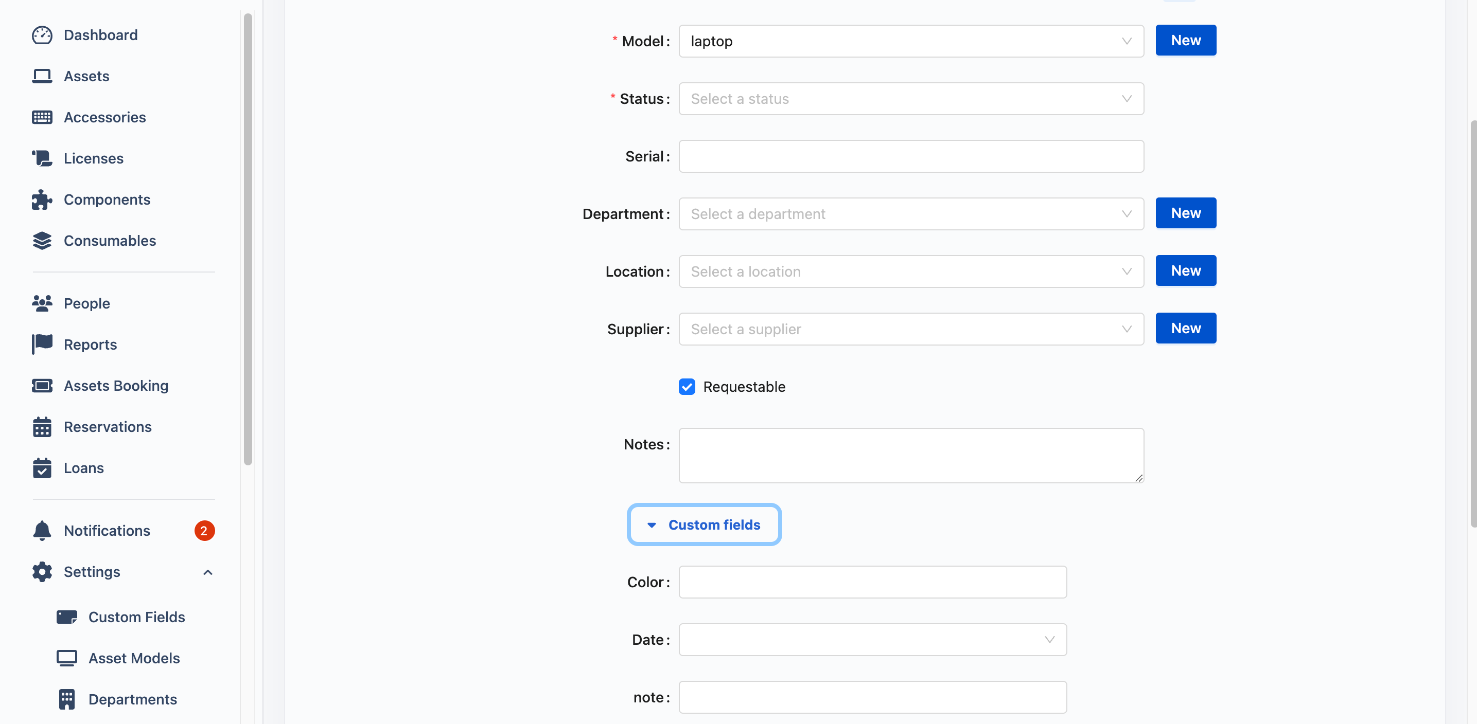 fieldset while creating asset