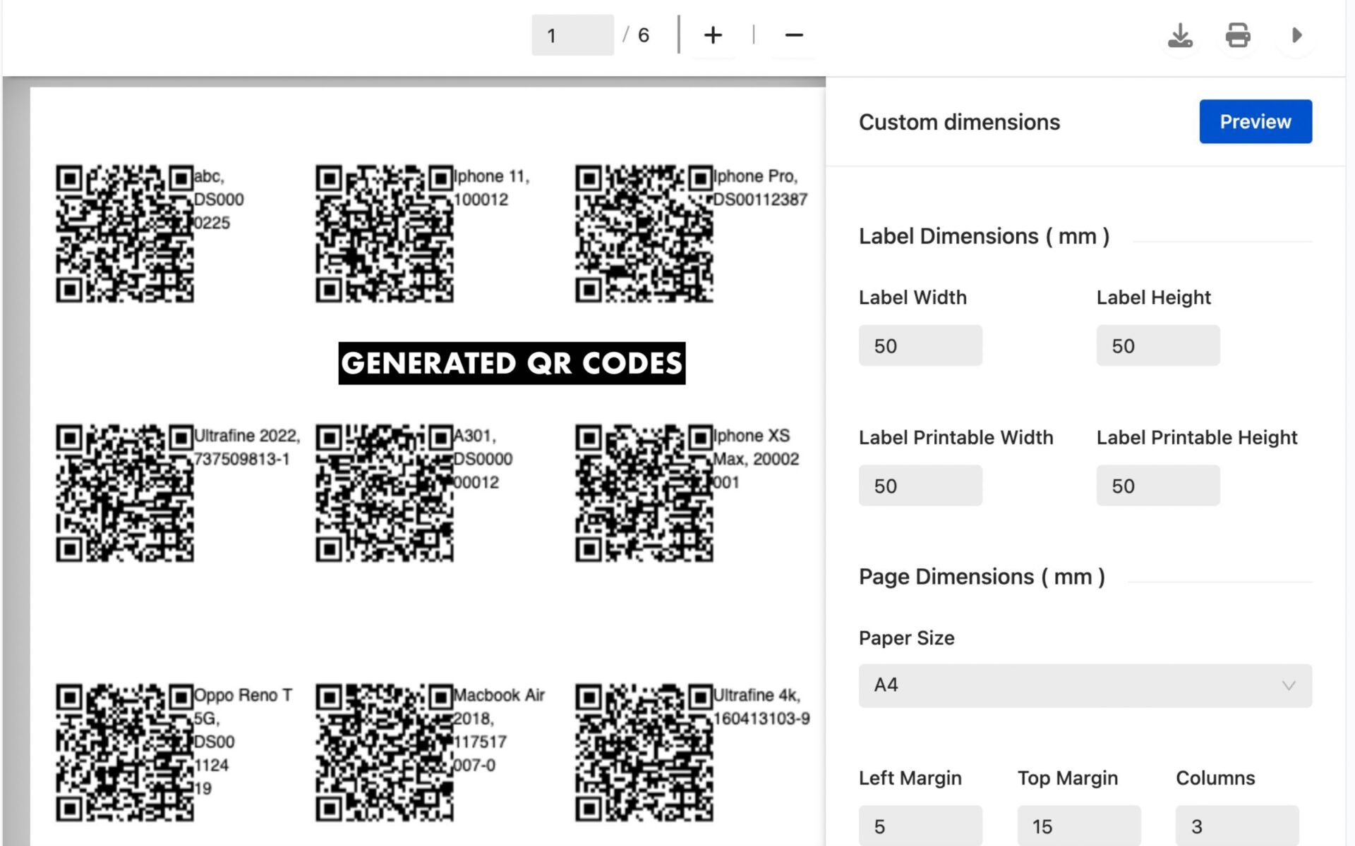 Generated QR codes after operating bulk action