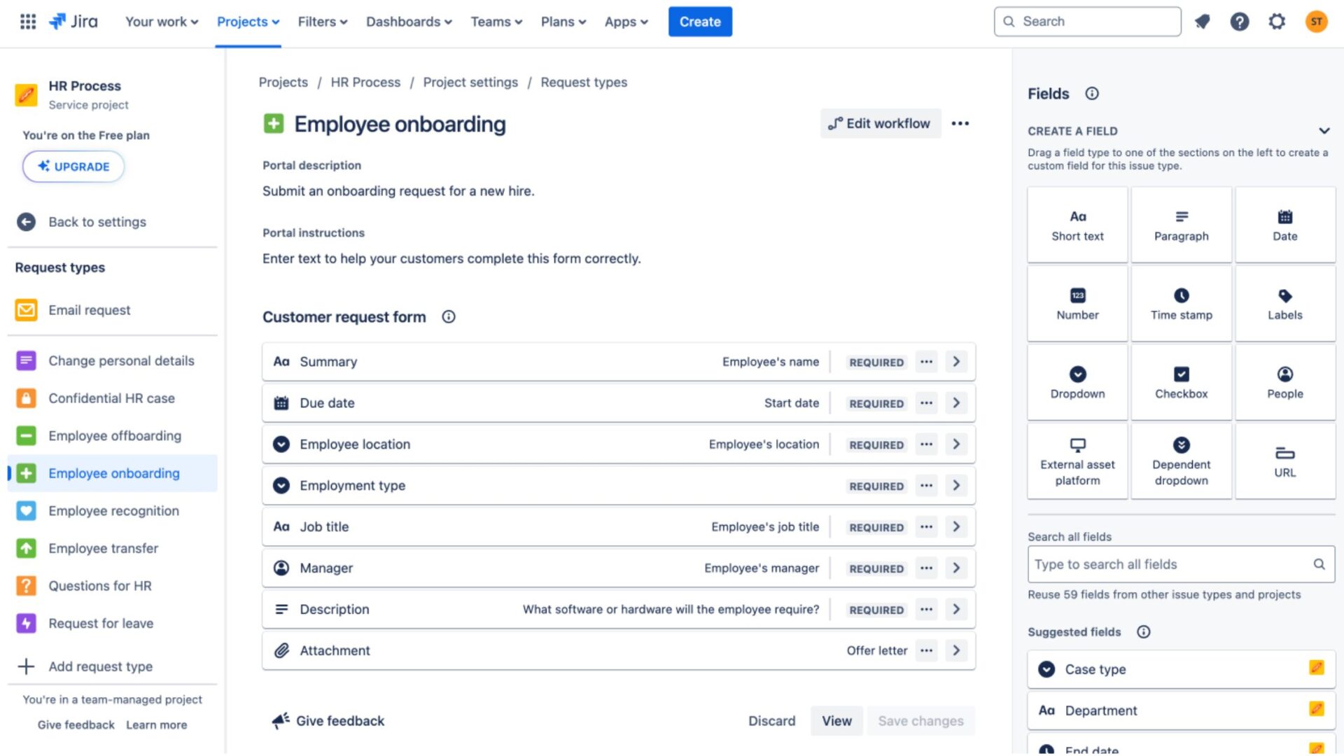 Example of an HR request template provided by Jira Service Management