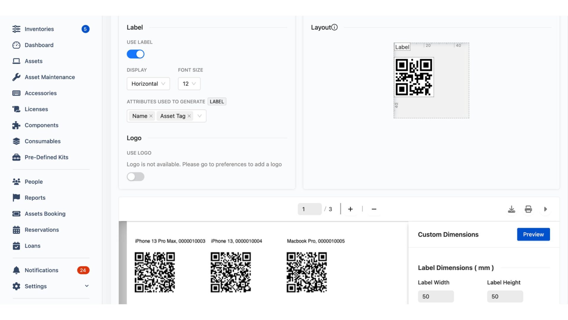 Example of the QR code configuration in AssetIT, asset inventory management software