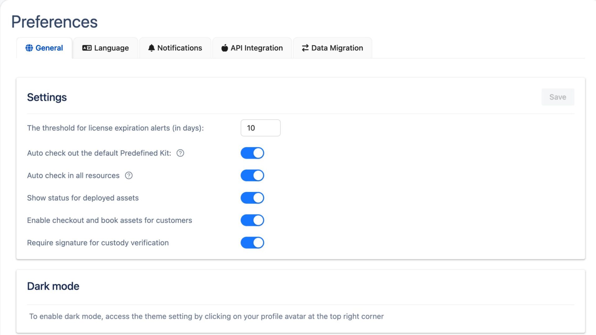 The threshold for license expiration alerts