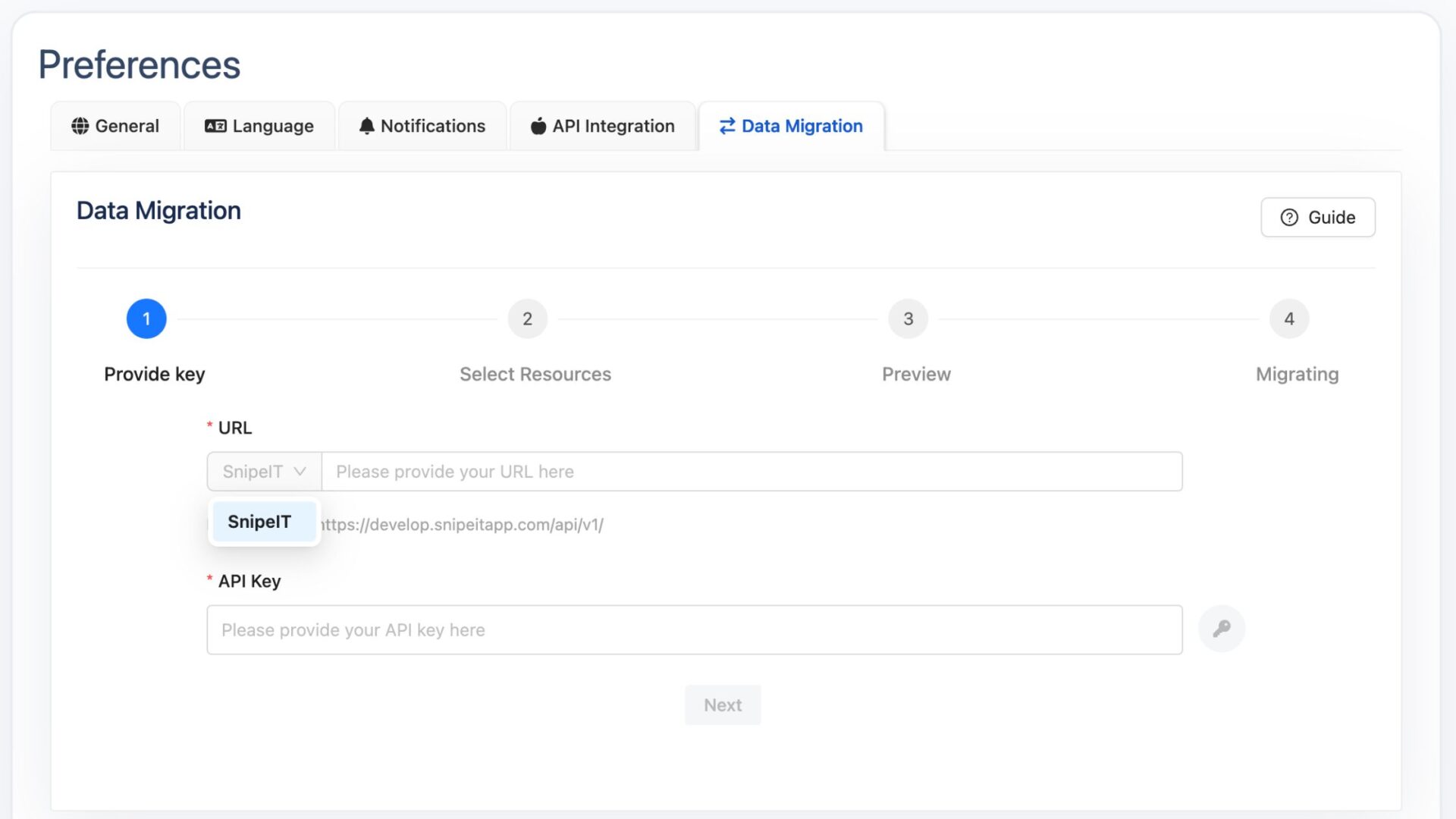 support for Data migration from SnipeIT