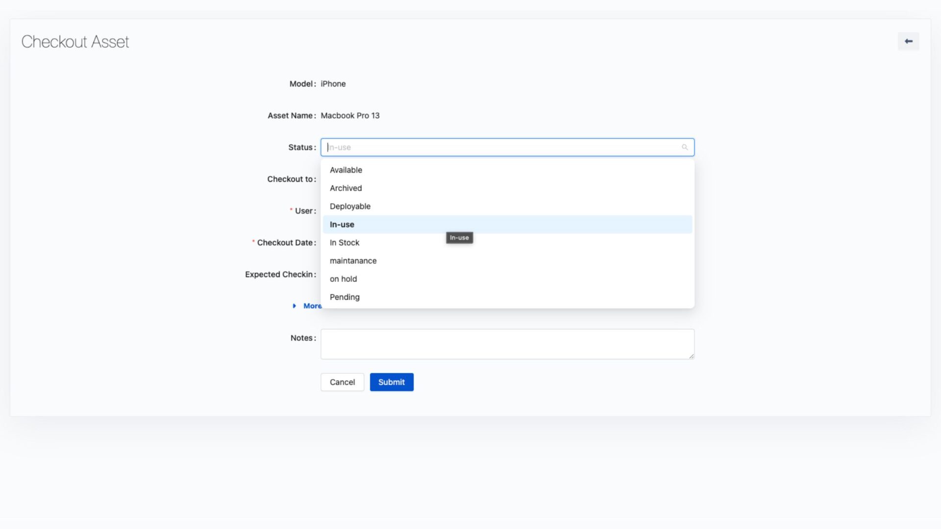 Changing asset status while checking out